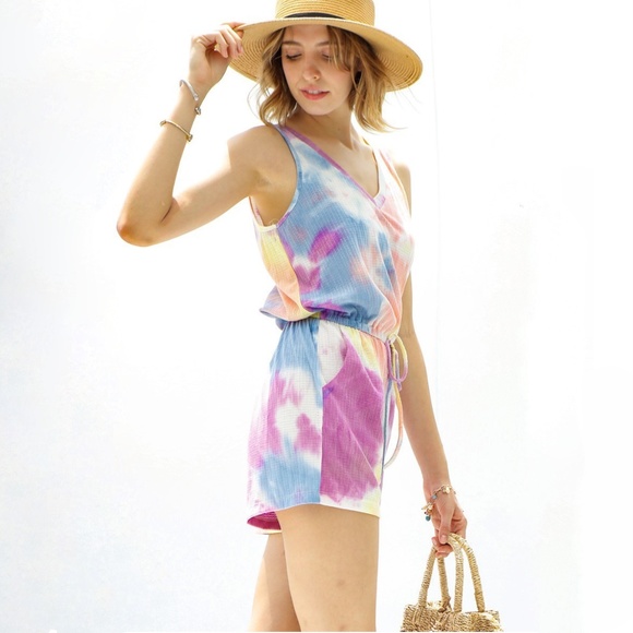 My Story Women's Purple Pink Tie Dye Summer V-Neck Drawstring Romper - Picture 5 of 7